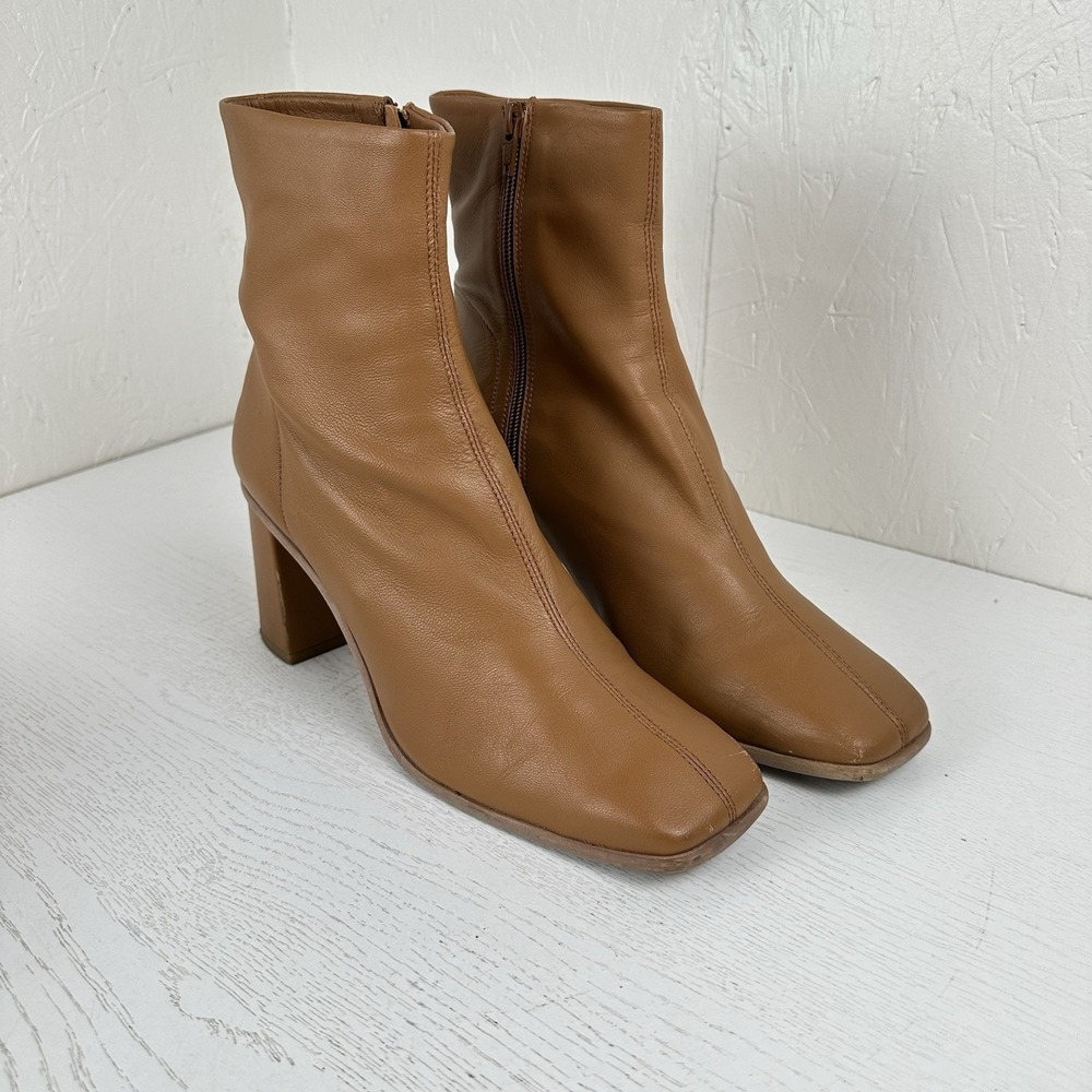 Free People Sienna Ankle Boot Womens 10 41 Cognac Leather Block Heel Square Toe